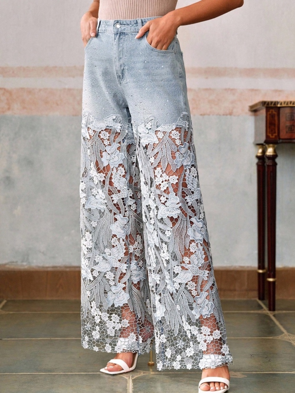 Light wash Rhinestone Mid Waist Bird Floral Cut out Straight Leg Denim Jeans - Picture 5 of 6